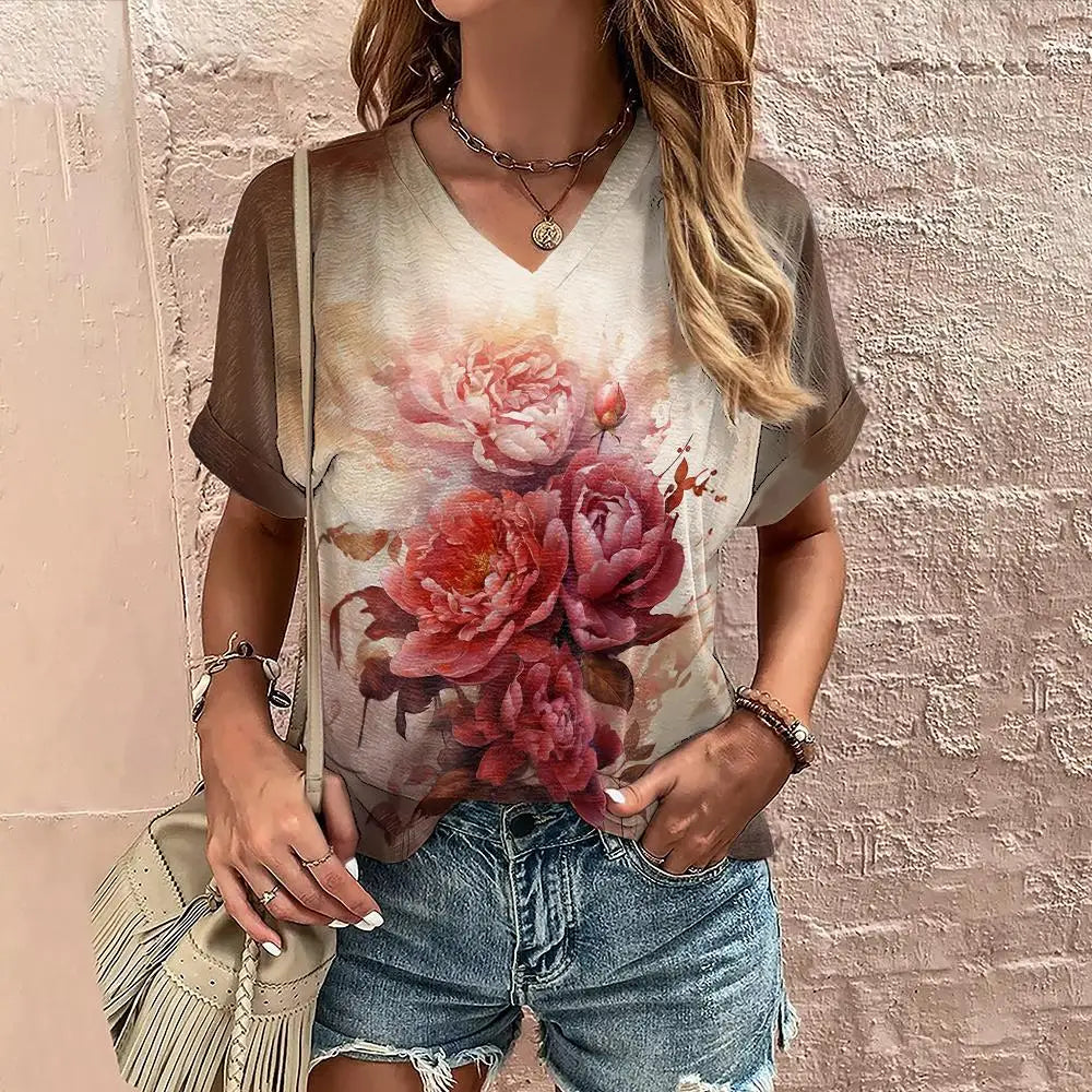 Women's Floral V-Neck Oversized T-Shirt