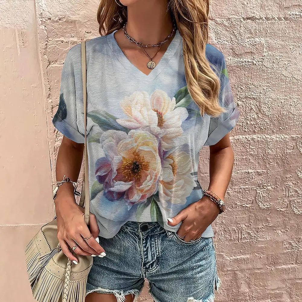 Women's Floral V-Neck Oversized T-Shirt