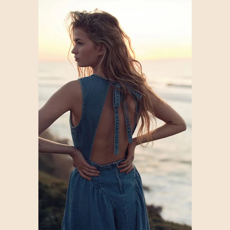 Backless Denim Lace-Up Summer Dress