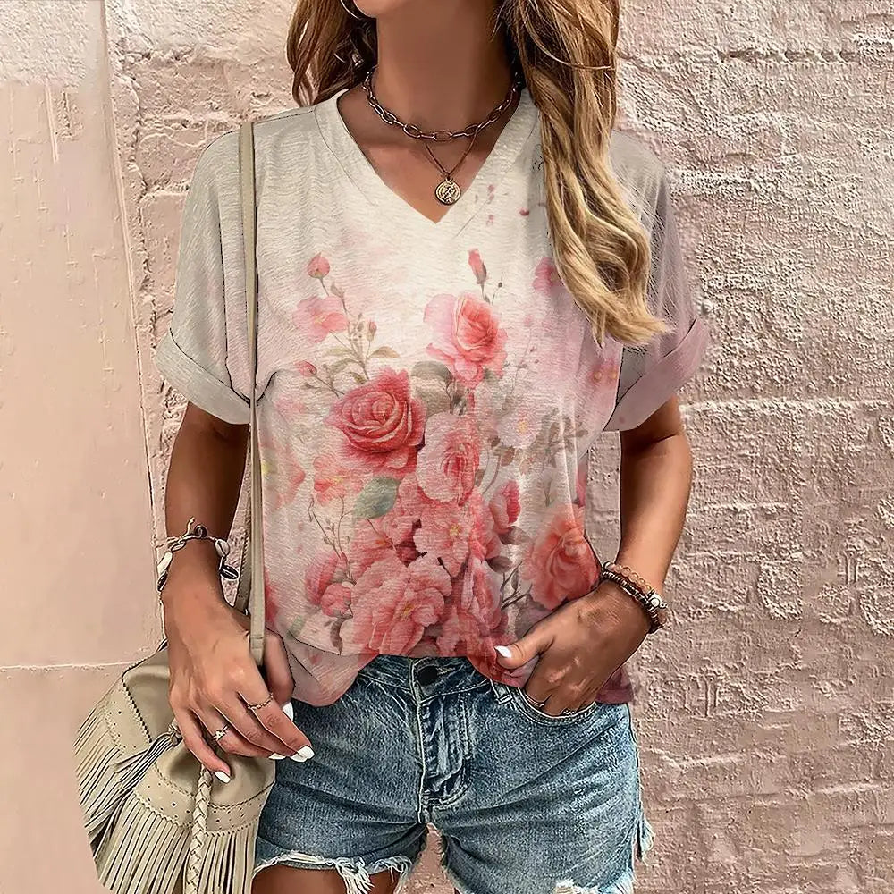 Women's Floral V-Neck Oversized T-Shirt