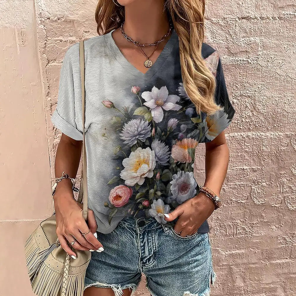 Women's Floral V-Neck Oversized T-Shirt