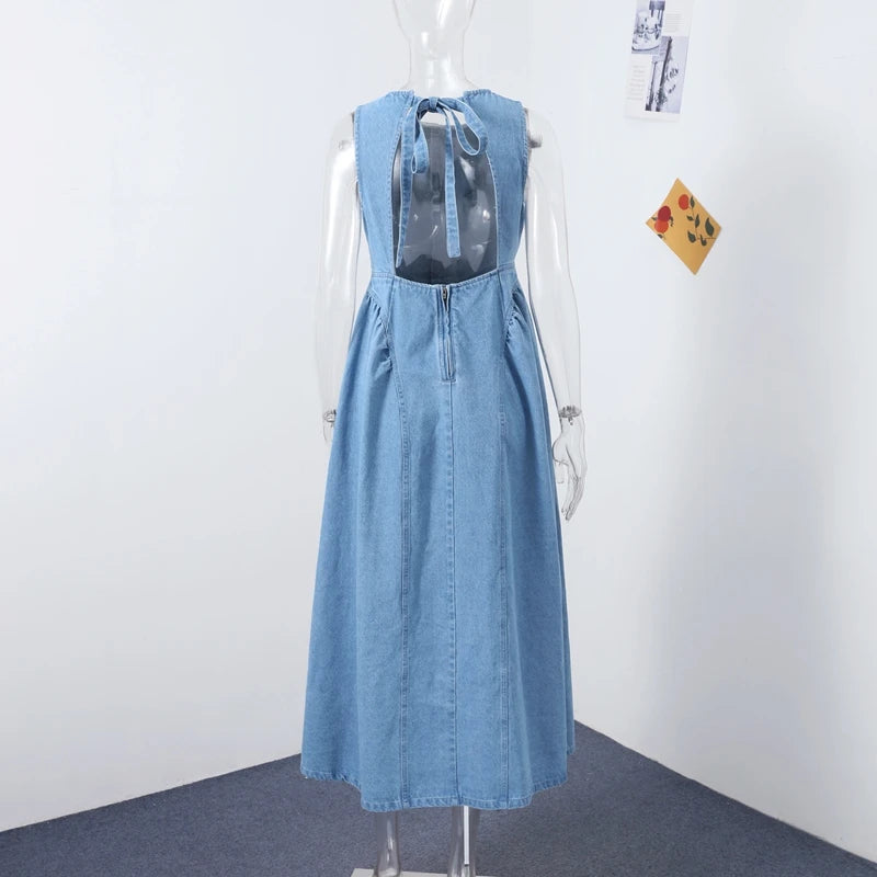 Backless Denim Lace-Up Summer Dress