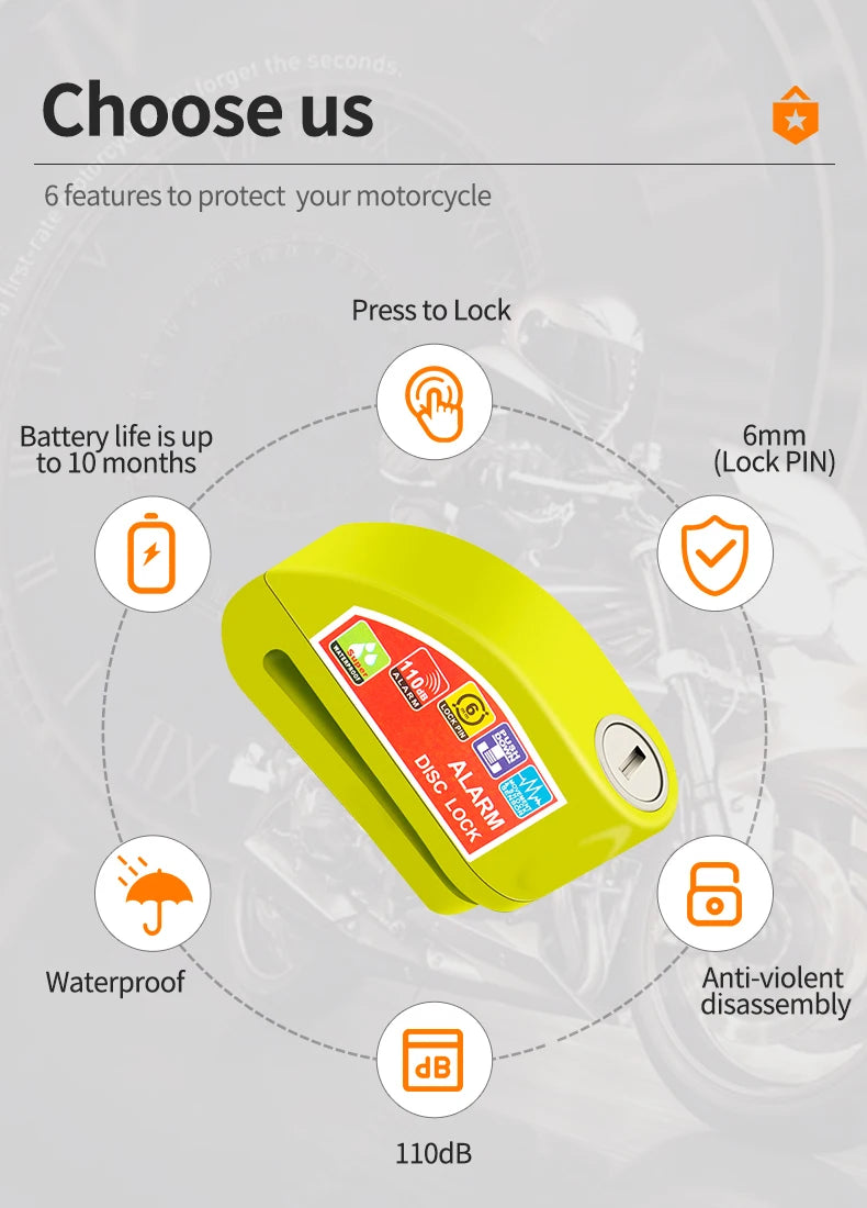 Motorcycle/Bicycle Disc Lock with Alarm – Anti-Theft Alloy Padlock