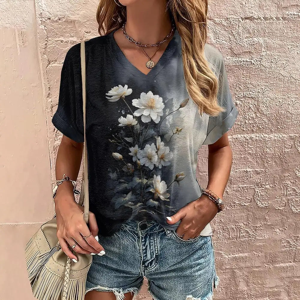 Women's Floral V-Neck Oversized T-Shirt