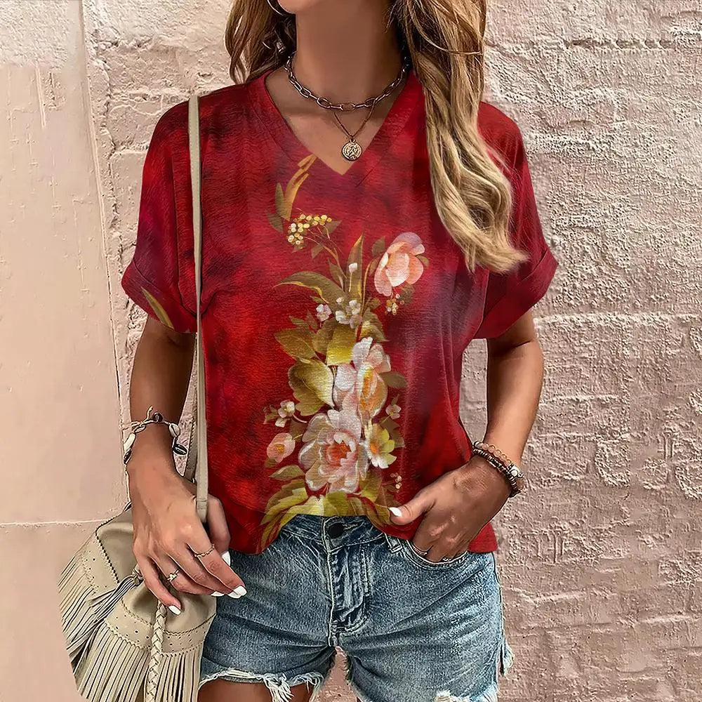 Women's Floral V-Neck Oversized T-Shirt