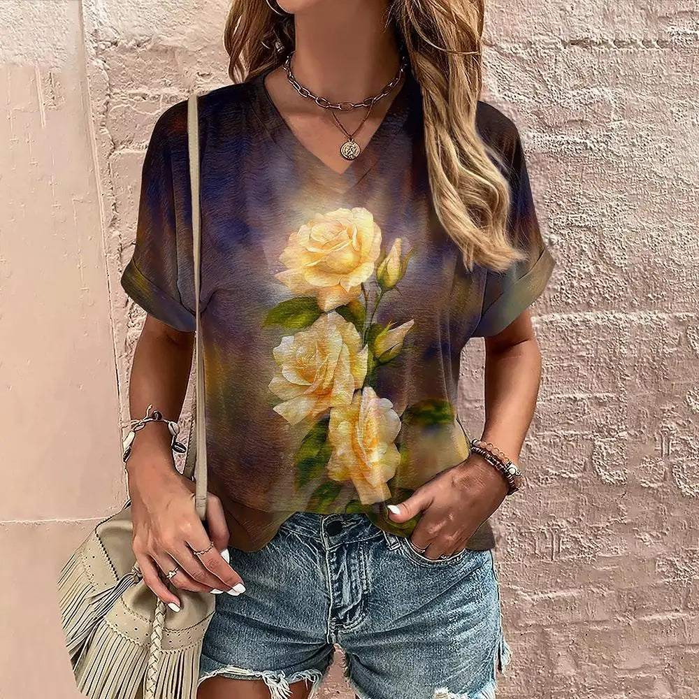 Women's Floral V-Neck Oversized T-Shirt