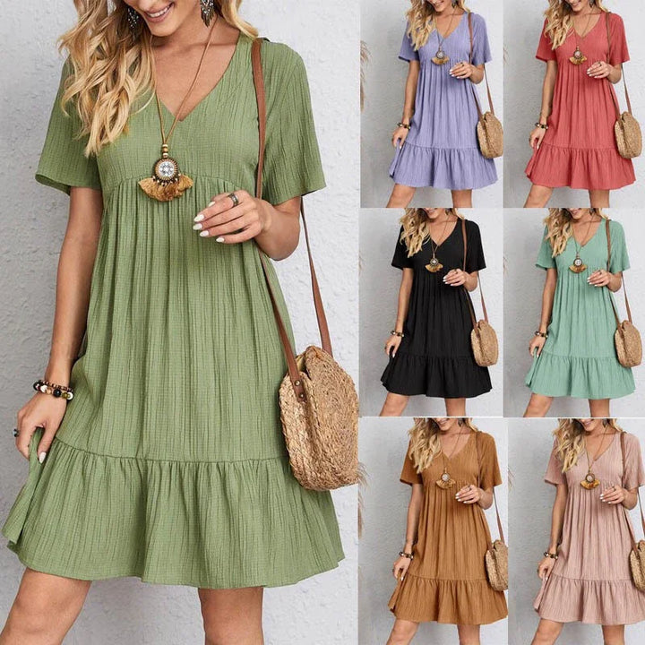 2025 Women's V-Neck Pleated A-Line Dress
